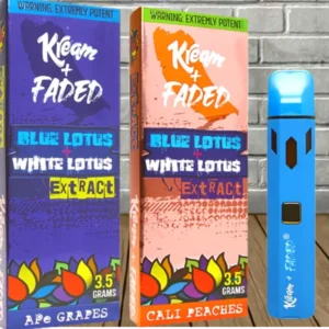 Say hello to another incredibly unique Blue Lotus blended disposable! Kream + Faded Blue Lotus + White Lotus Extract Disposables contain a potent 3.5g proprietary blend of Blue Lotus Extract, White Lotus Extract, HHC, and fruit-derived terpenes. This blend provides users with a highly potent yet balanced set of euphoric and relaxing effects utterly unique to anything on the market! Available in six immensely flavorful options.